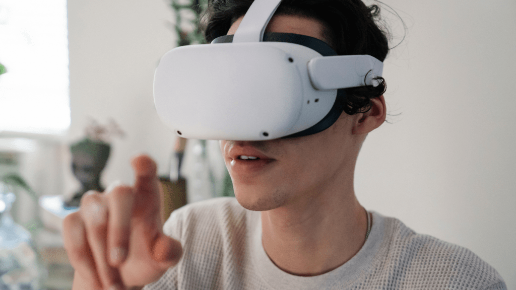 A person wearing a virtual reality headset in an office