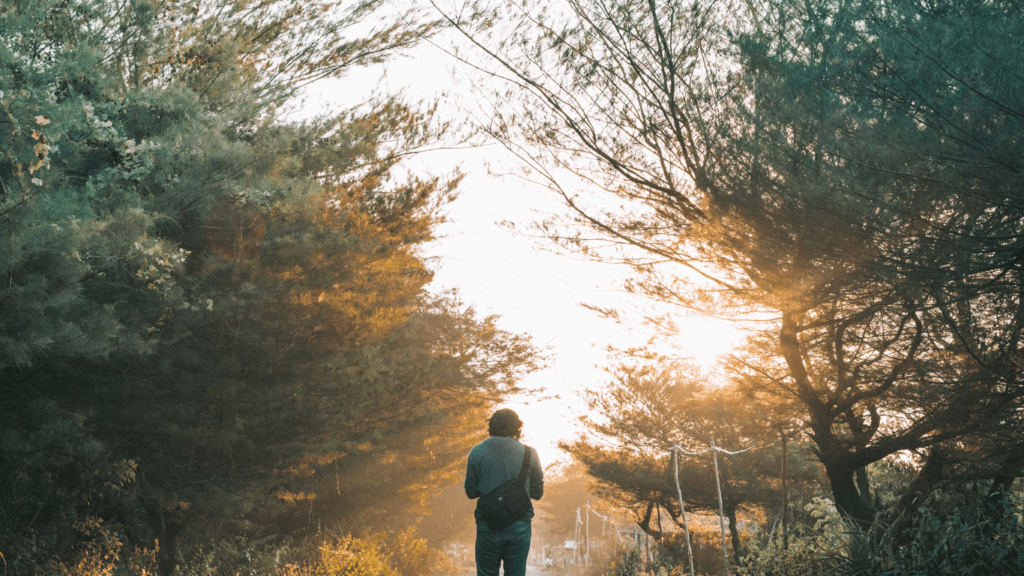 a person walking down the middle of an empty road at sunset