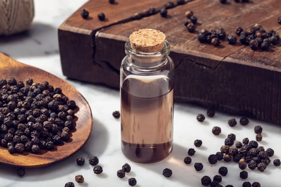black pepper oil surrounded by peppercorns